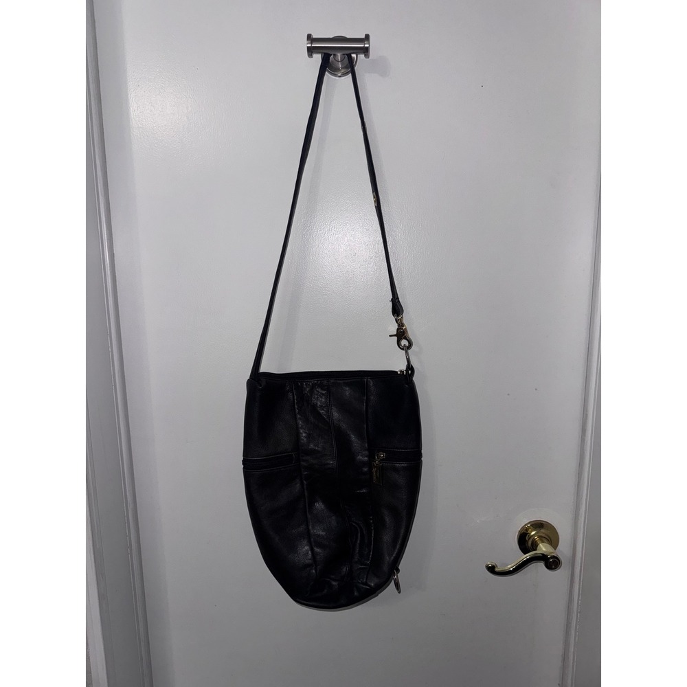 Tignanello Black Leather Crossbody Bag Teardrop Bucket Purse Gold Hardware